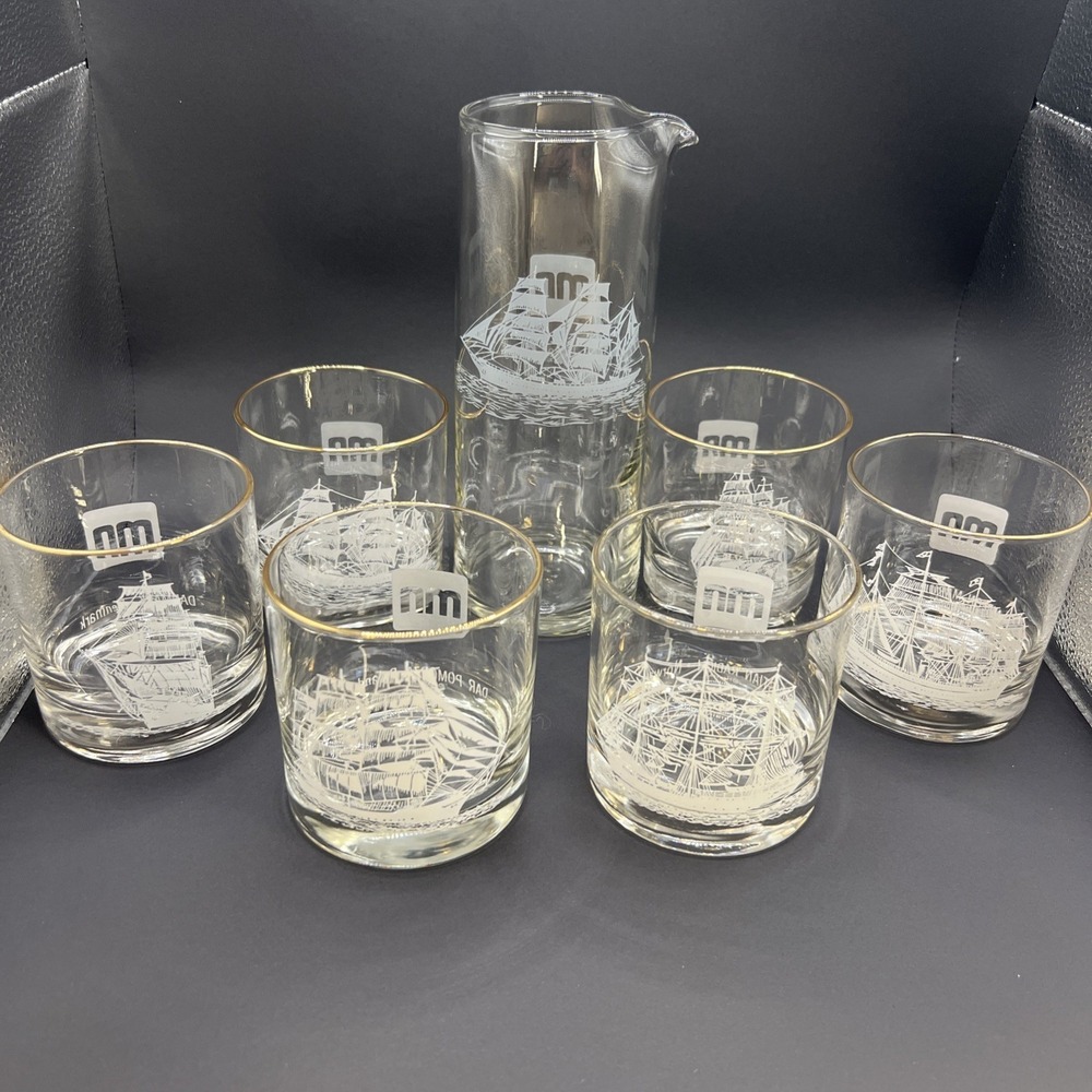7 pc Set Houze Art Nautical Ship 1 Pitcher and 6 Whiskey Rocks Glasses‎ Barware